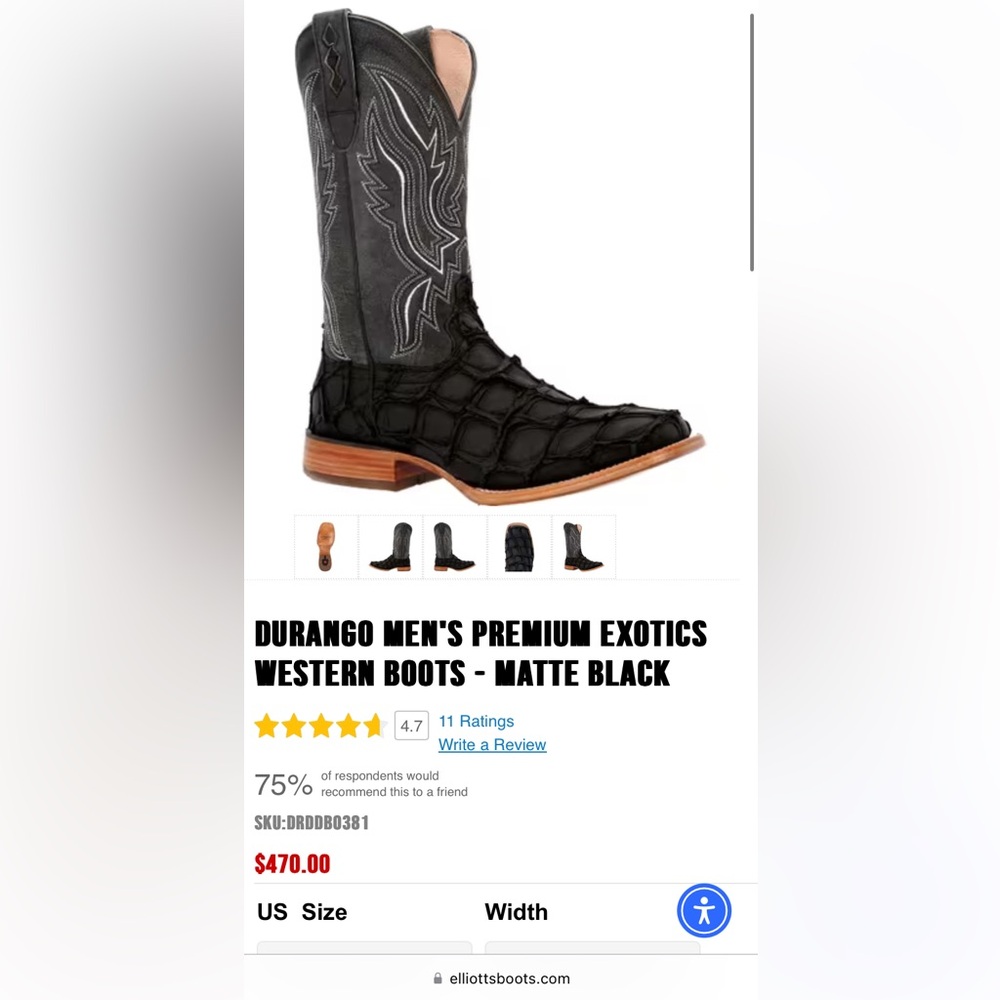 DURANGO MEN'S PREMIUM EXOTICS WESTERN BOOTS - MATTE BLACK, Genuine fish scales*